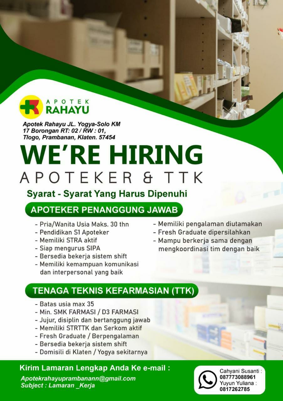 We’re Hiring Apotek & TTK di APOTEK RAHAYU