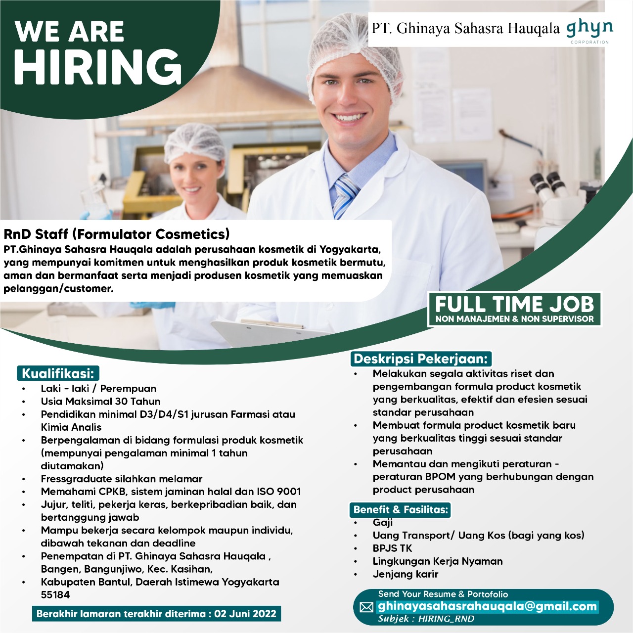 We’re Hiring RnD Staff (formulator cosmetics) PT. Ghinaya Sahasra Hauqala